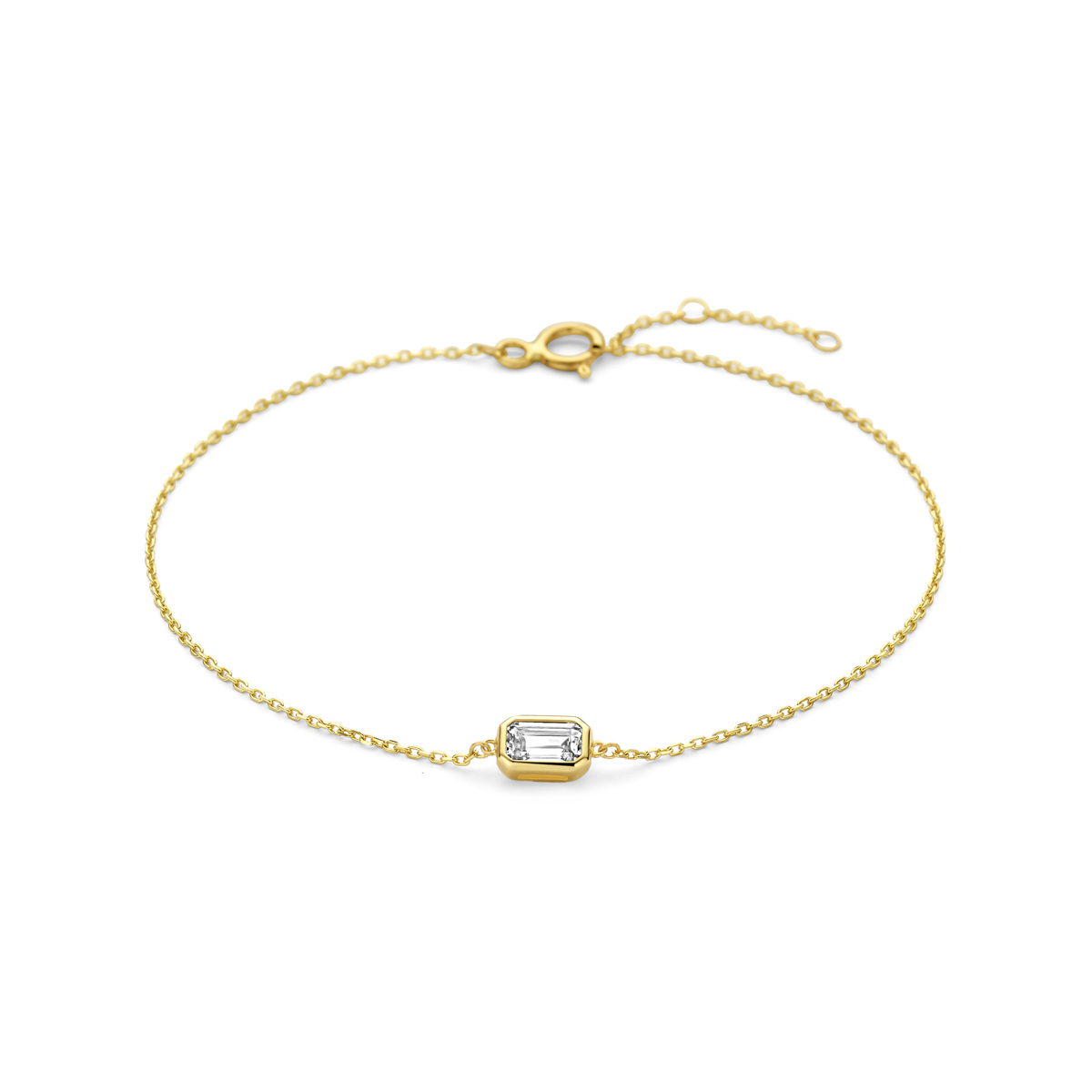 14k Geelgouden armband uitgevoerd met zirkonia. De armband heeft draaglengtes van 16.5-17.5-18.5cm en een schakelbreedte van 0.8mm.