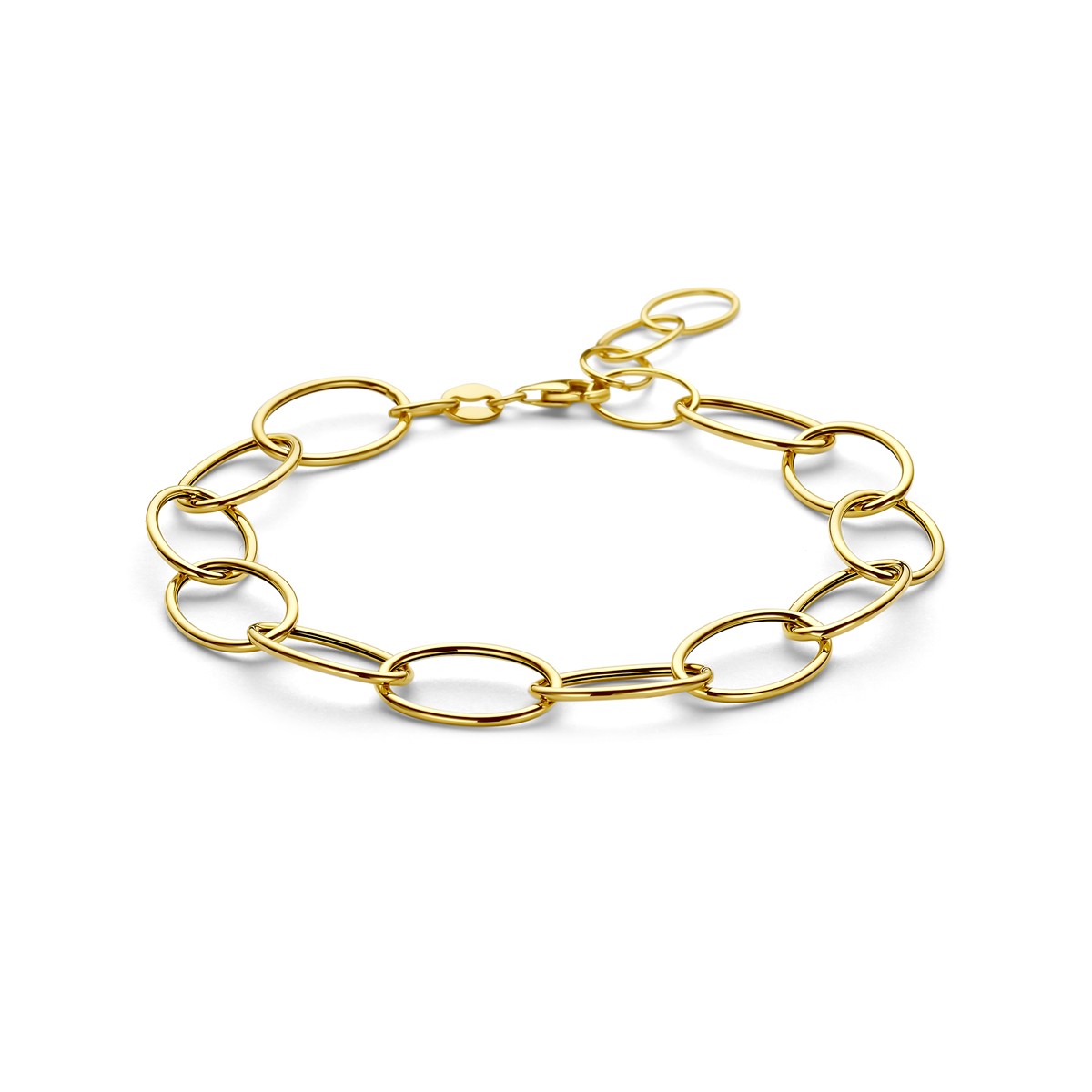 14k Geelgouden armband met een schakelbreedte van 9,5mm en een draaglengte van 17+3cm. Uitgevoerd met karabijnsluiting.