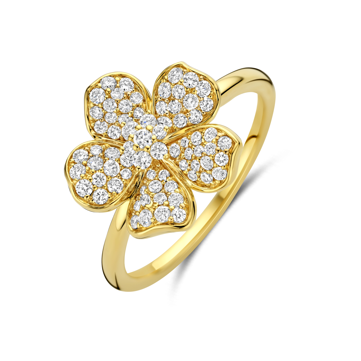 14k Geelgouden ring uitgevoerd met een bloem en diamant. De ring heeft een afmeting van 14x14mm. Het totale diamantgewicht is 0.50ct.