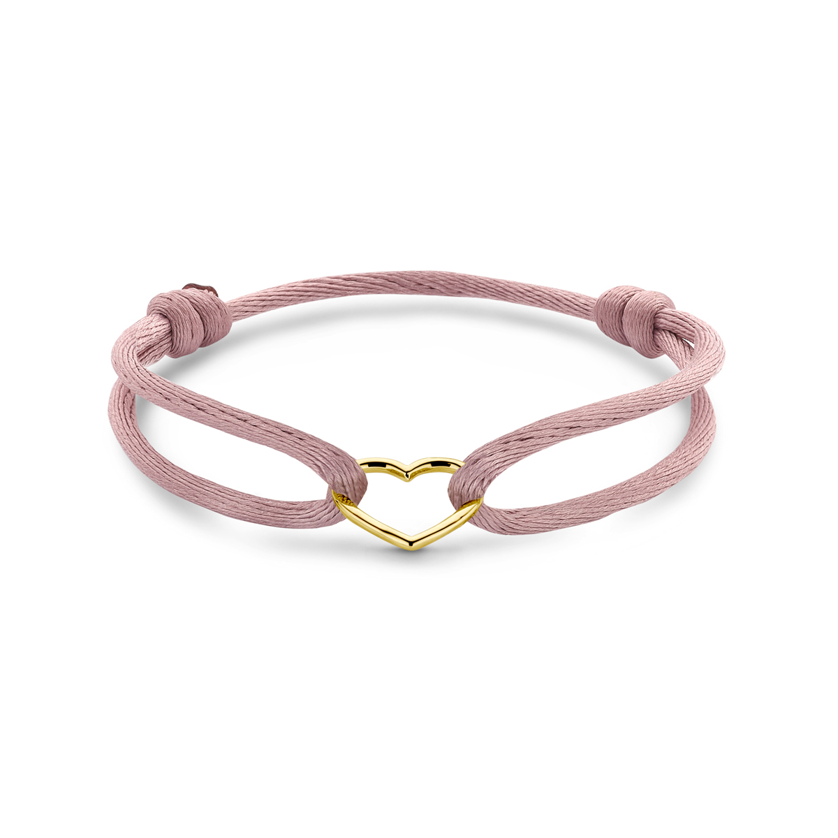 Zacht roze gevlochten armband uitgevoerd met een 14k geelgouden hart met een afmeting van 10x11.5. De armband heeft draaglengtes van 13 tot 26cm.