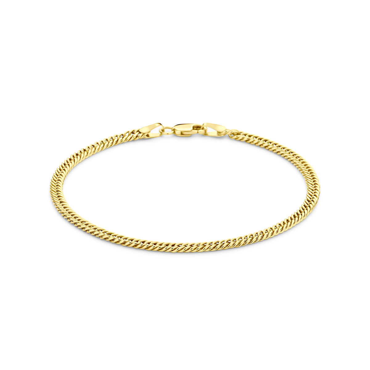 14k Geelgouden armband met een kern van 925 zilver. De armband heeft een lengte van 18,5cm en een schakelbreedte van 3mm. Uitgevoerd met karabijnsluiting.