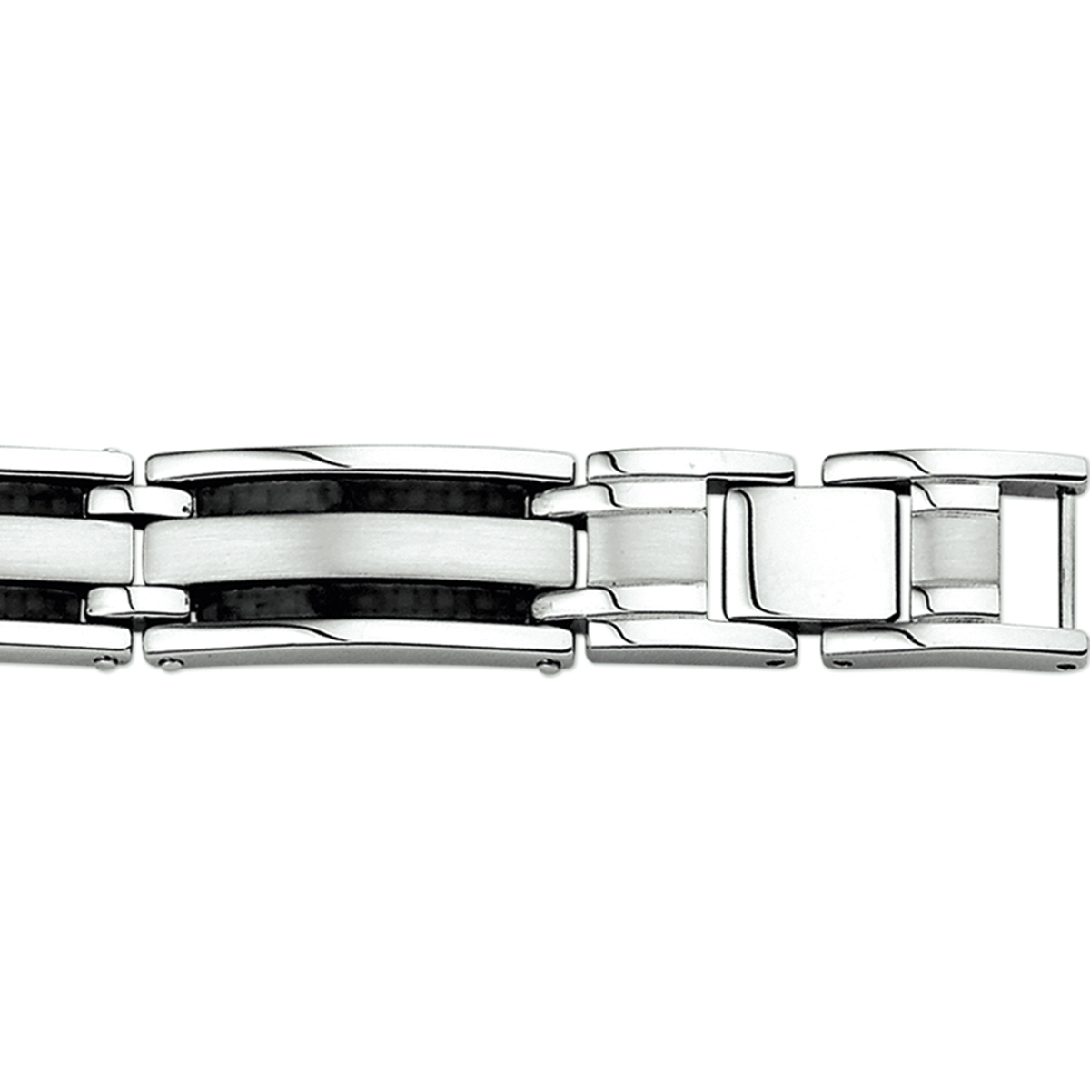 Stoere stalen armband met een breedte van 13mm uitgevoerd met carbon. De armband heeft een draaglengte van 20cm met een extensie van 2cm.