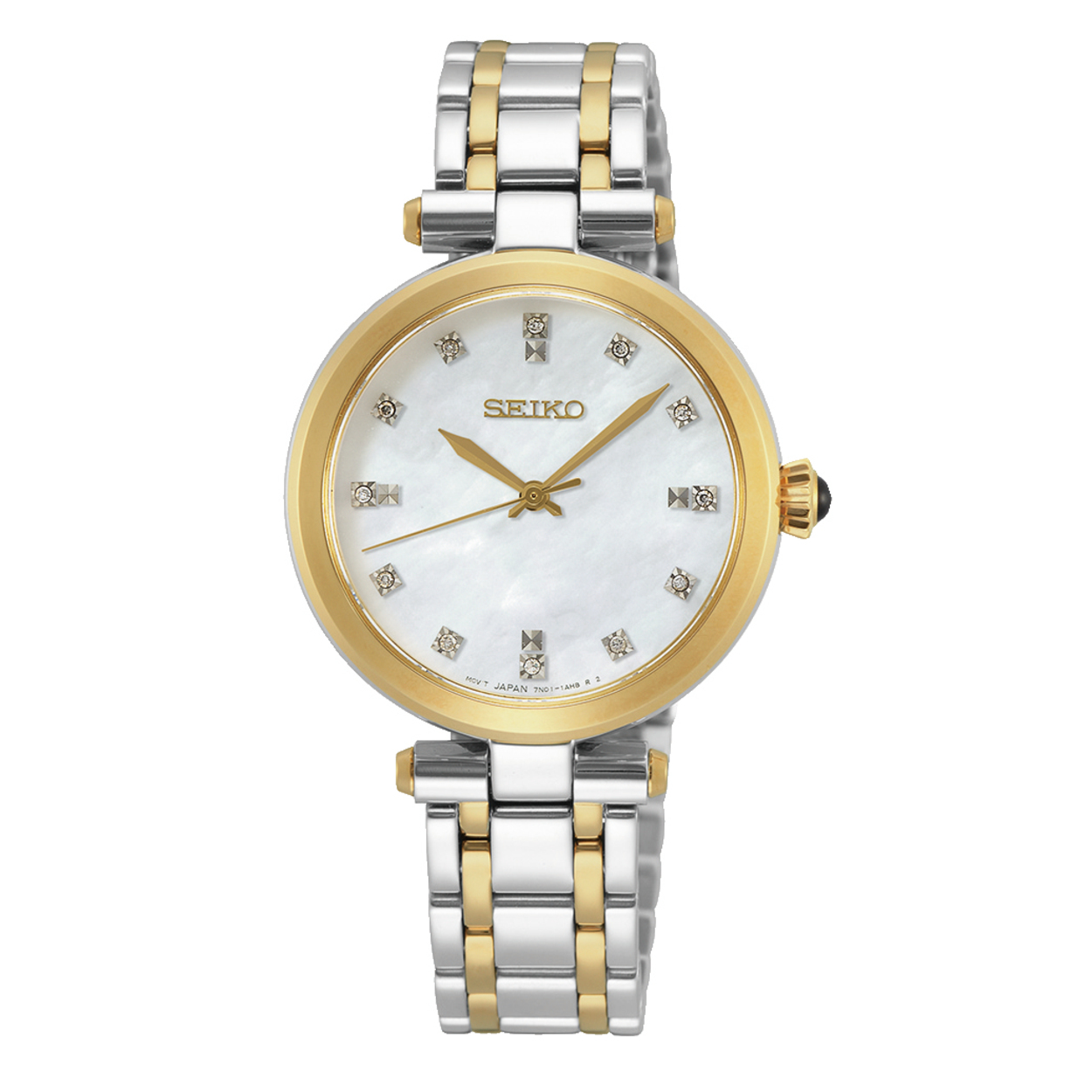 Dit is een dameshorloge van het merk Seiko. Het is een analoog horloge gemaakt van staal. De diameter van de kast is 30 mm en de kast is 6.5 mm dik.
De verdere specificaties van het horloge zijn als volgt:
Kastvorm: rond
Kastkleur: tweekleurig
Kastmateriaal: staal
Bandbreedte: 13 mm
Bandlengte: 220 mm
Sluiting: vouwsluiting met drukker
Wijzerplaatkleur: wit
Glassoort: saffier glas
Waterdichtheid: 5 ATM
Techniek: quartz