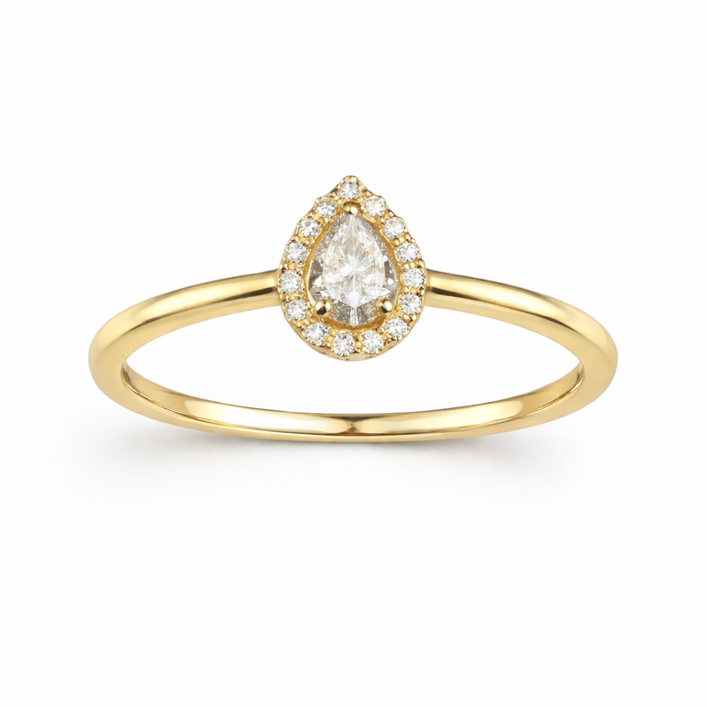 Gouden ring met peervormig briljant van 0.275 ct. en 16 x briljantjes van 0.006 ct. rondom.Ook als set verkrijgbaar.