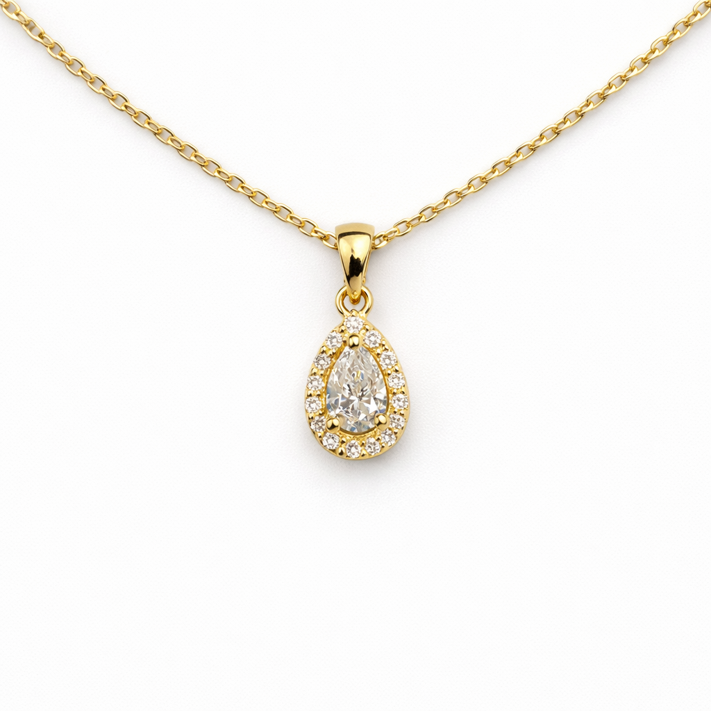 Gouden collier van 45 cm met LabGrown hanger peervorm.0.29 ct. middensteen en 17 x 0.004 ct. rondom. Ook als set verkrijgbaar.