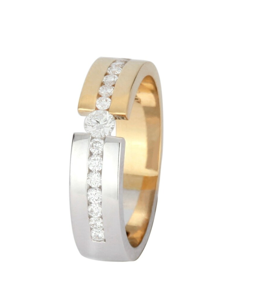 Huiscollectie - Bicolor fantasie ring bezet met briljant geslepen diamanten - TRI025-B mt18