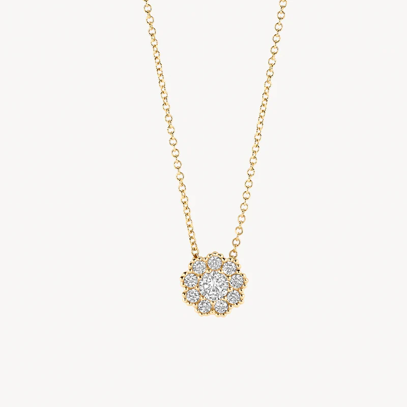 Ontdek deze verfijnde 14k geelgouden ketting van 42 cm met delicate ankerschakel (⌀ 0.8 mm). De hanger (⌀ 7.3 mm) pronkt met stralende zirkonia in een slimme illusiezetting, waardoor een sprankelend bloemmotief ontstaat. Geef jouw look een elegante glans met dit tijdloze collier.