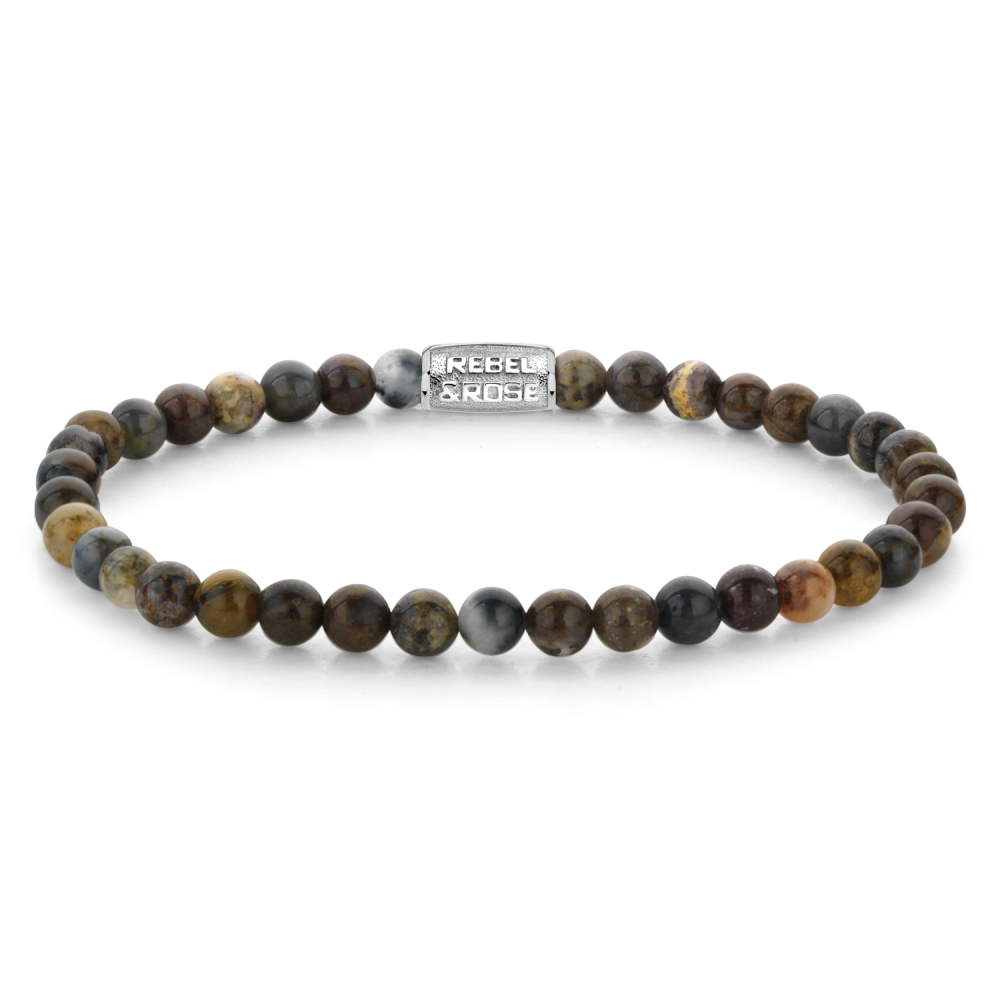 Bead armband, handgemaakt van 4mm Pietersite stenen met een zilverkleurige sluiting. Het Rebel & Rose sieraad is makkelijk te combineren met andere zilveren, leren of kralenarmbanden.