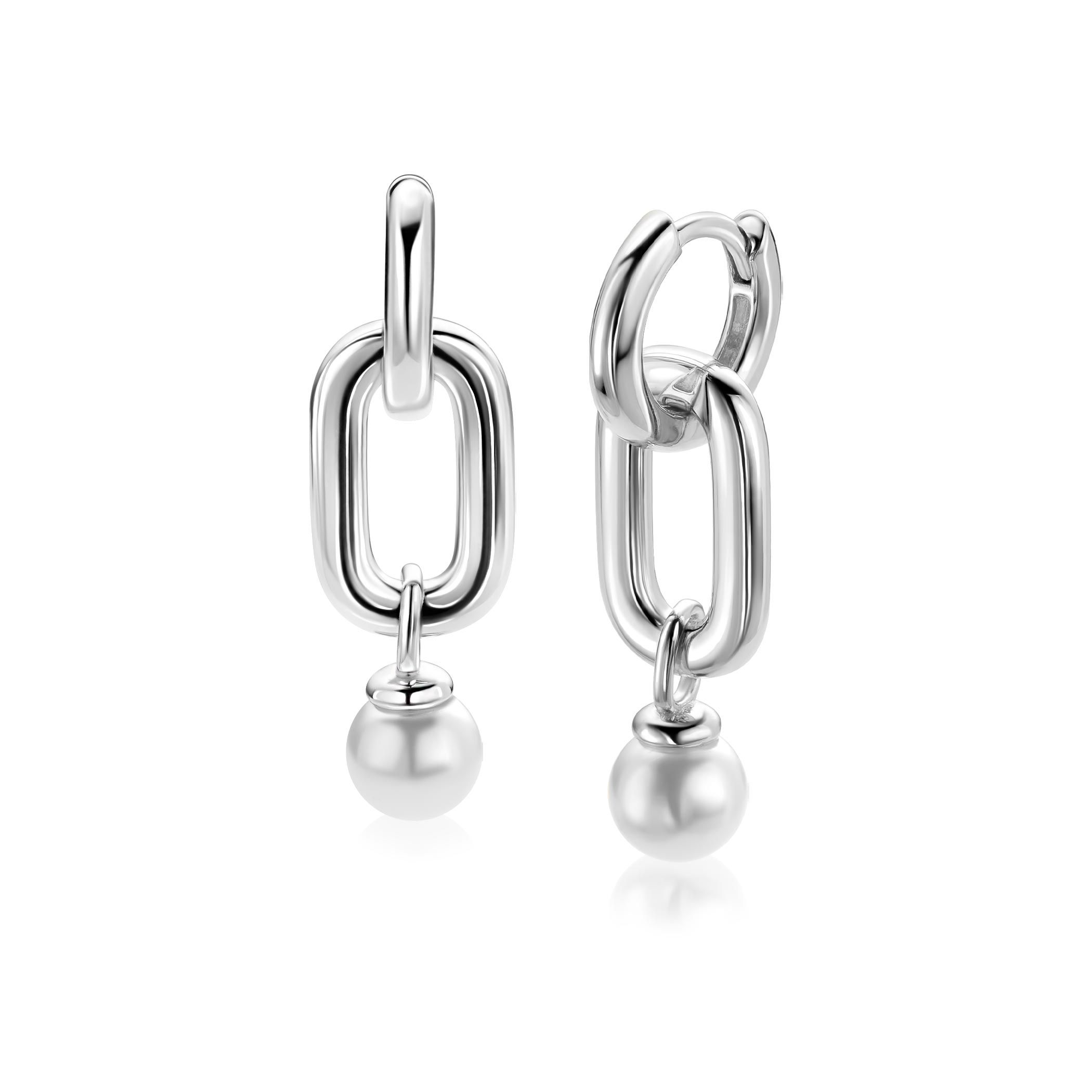 23mm ZINZI zilveren oorbedels met een langwerpige stoere schakel en witte parel ZICH2821 (zonder oorringen)