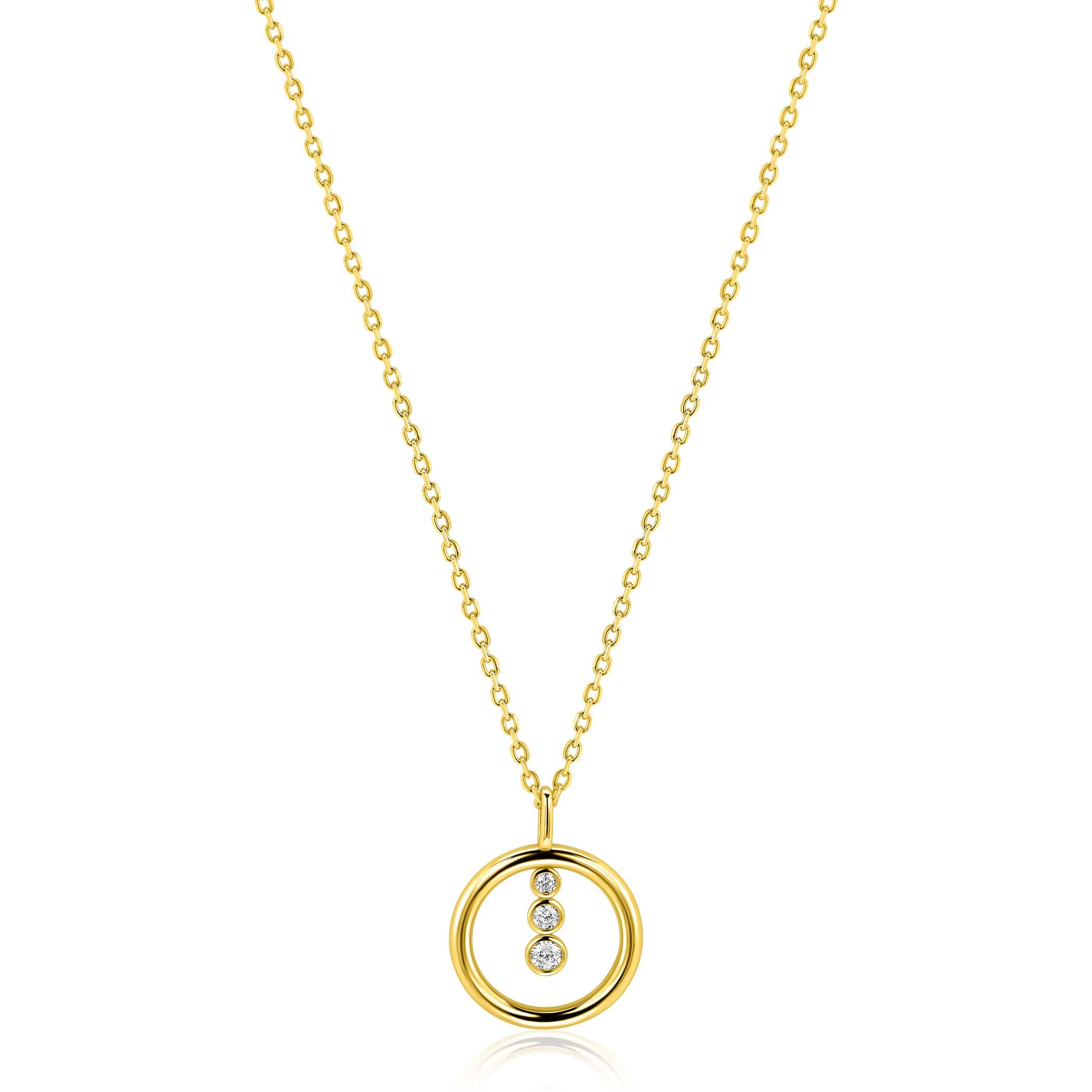 ZINZI gold plated zilveren ketting 45cm met ronde hanger en drie fonkelende witte zirkonia's ZIC2820Y