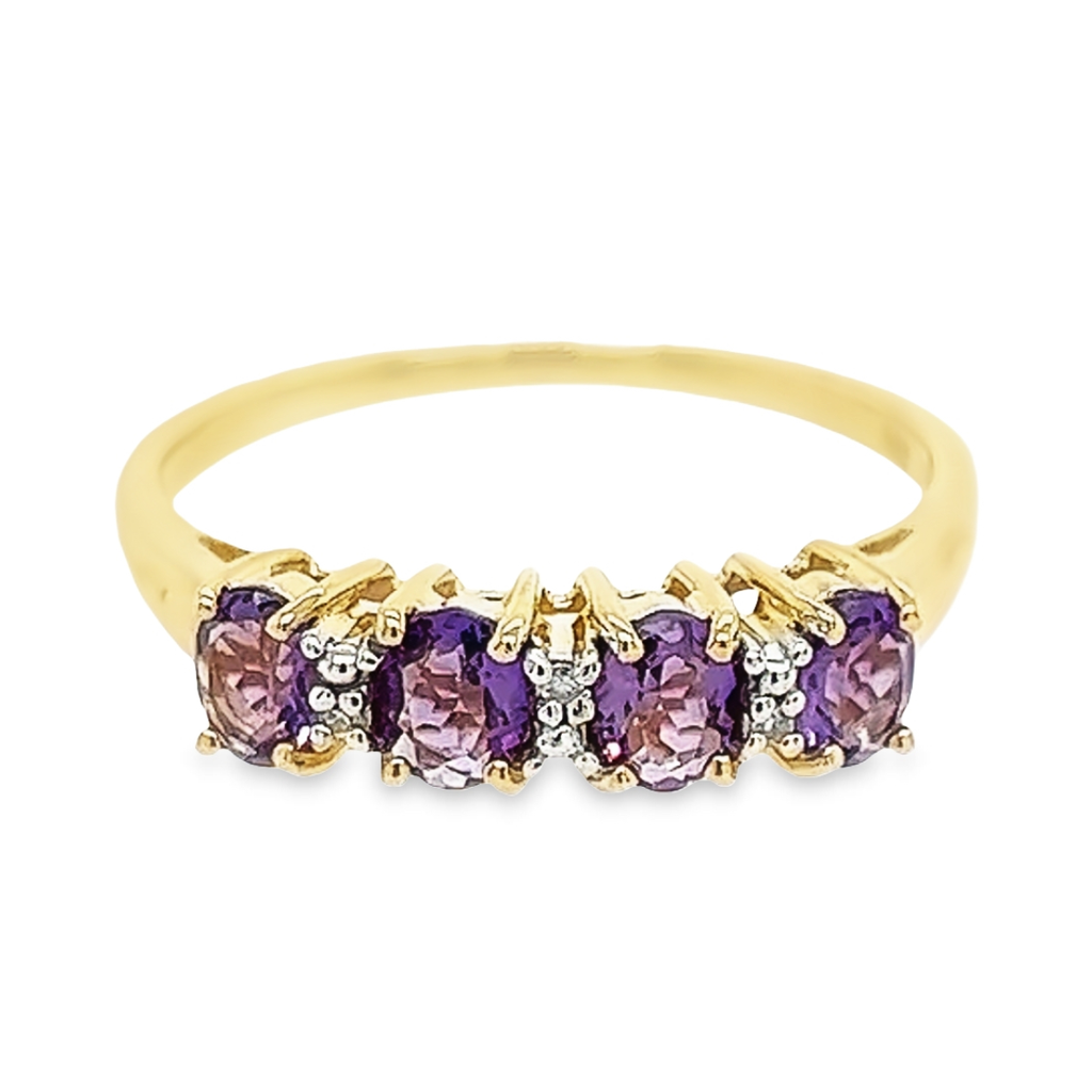 Geelgouden ring met amethist edelstenen en diamanten