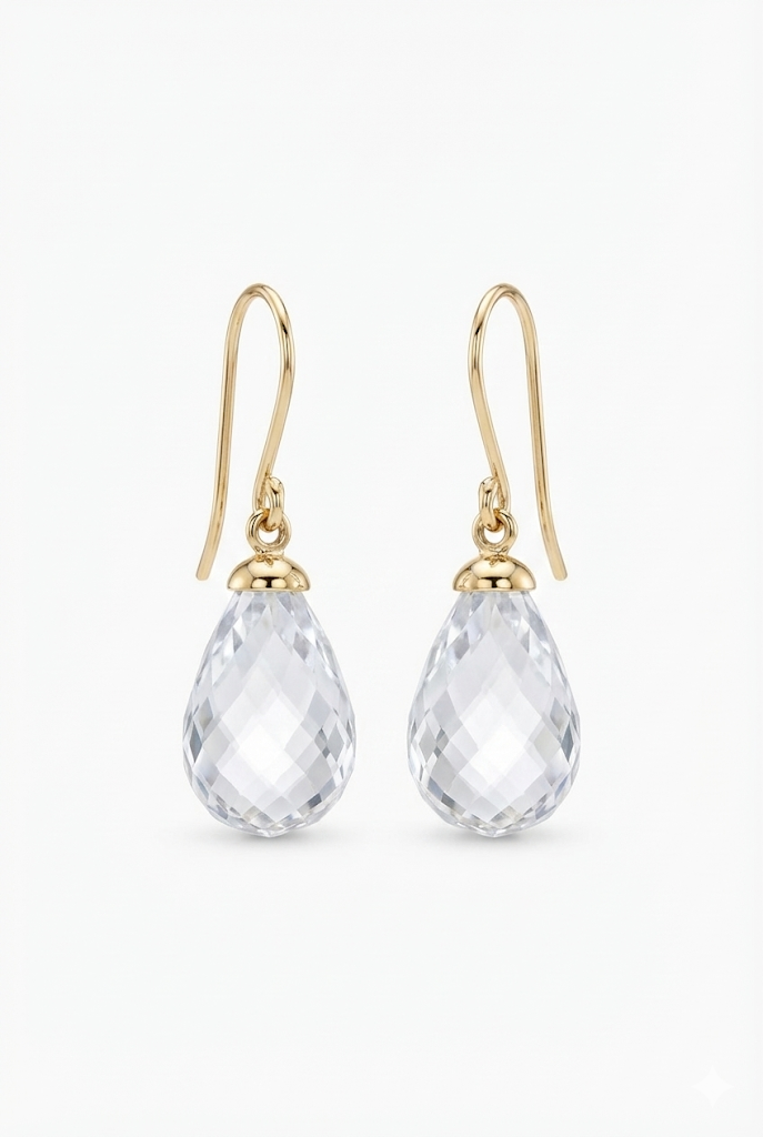 De 14 karaat gouden oorhangers hebben briolette geslepen edelstenen. De vorm van de edestenen zijn druppel vormig met een afmeting van 15 x 10 mm.