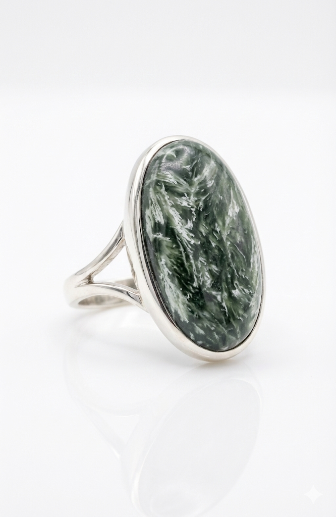 Sterling Zilveren Ring met ovaal cabochon geslepen natuurlijke serafiniet.