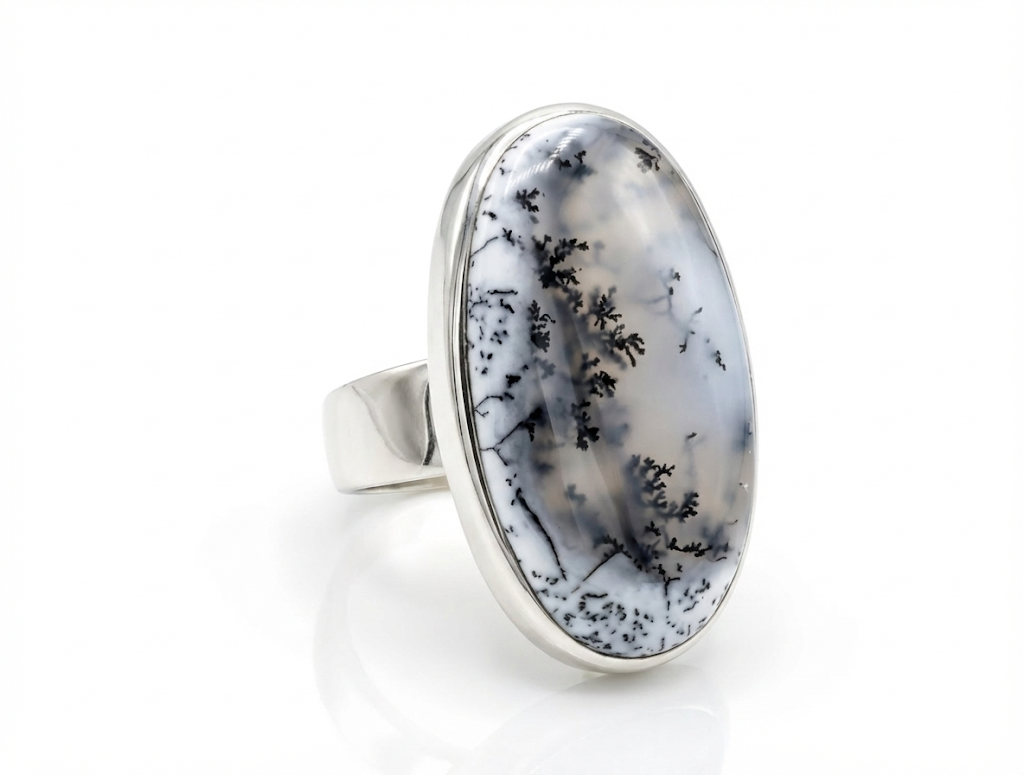 Sterling Zilveren ring met ovaal geslepen natuurlijke Dendriet Agaat.