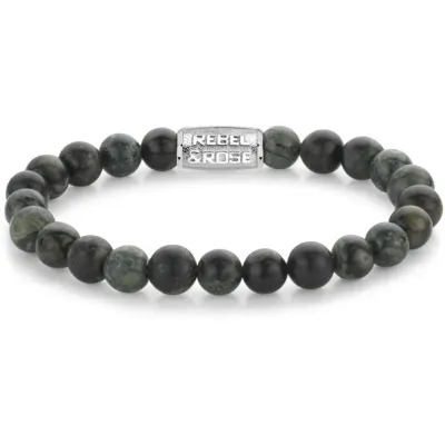 Bead armband, handgemaakt van 8mm Ryoliet stenen met een zilverkleurige sluiting. Het Rebel & Rose sieraad is makkelijk te combineren met andere zilveren, leren of kralenarmbanden.