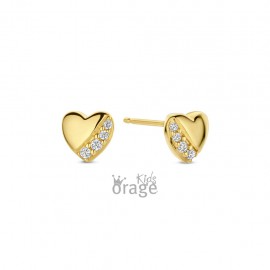 Orage oorstekers hartje verguld geel goud met zirkonia