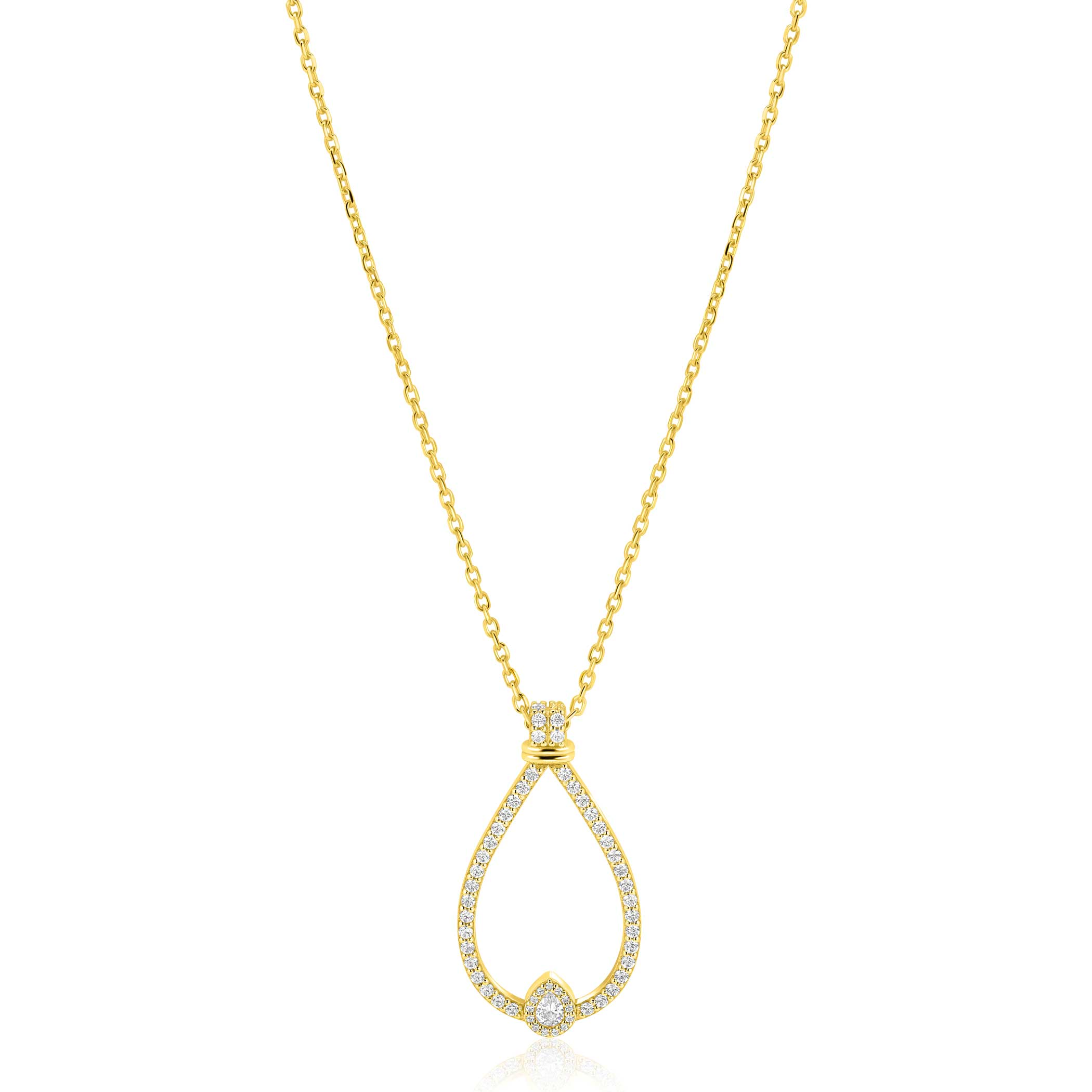 ZINZI goldplated zilveren ketting 45cm met grote sierlijke open druppelvormige hanger (35mm) bezet met witte zirkonia&rsquo;s. De lengte is verstelbaar van 42cm tot 45cm. Vervaardigd van eerste gehalte zilver (925) en extra geel verguld.