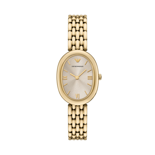 Armani dames pols horloge uit de Sinfonia collectie. Staal goudkleurig met stalen band. 3 ATM water bestendig.