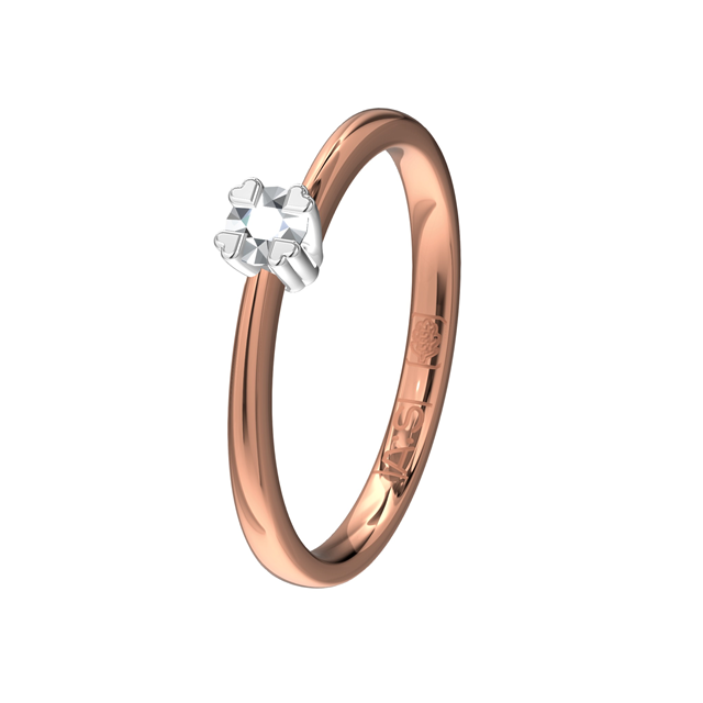 Een rose- en witgouden Solitaire ring in combinatie met vier hartvormige pootjes maken deze ring tot een plaatje! Een ring met een 0,15 ct. briljant geslepen diamant