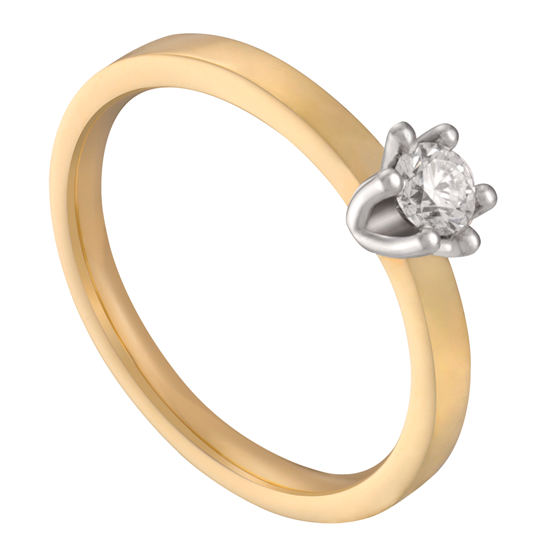 Deze solitairring is door Aller Spanninga voorzien van een zespoots zetting waarin de diamantzetters een briljant van 0,10 ct. hebben geplaatst.