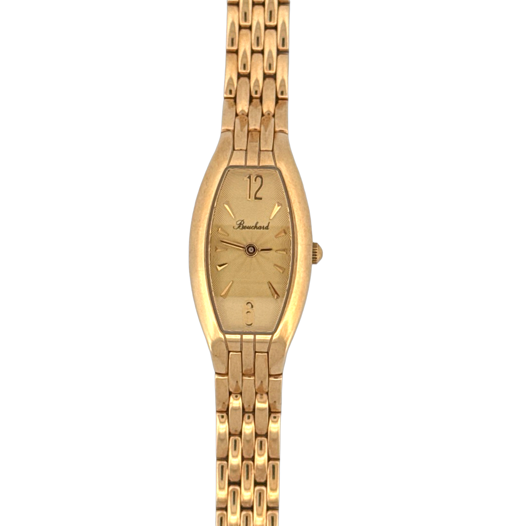 De Bouchard Horloge 14 krt geelgoud is een elegante polshorloge gemaakt van hoogwaardig goud, met een gouden band en geen datumaanduiding. Ideaal voor speciale gelegenheden en dagelijks gebruik, past perfect bij zowel formele als casual outfits. De tijdloze gouden kleur voegt een vleugje luxe toe aan elke stijl. Een must-have accessoire!