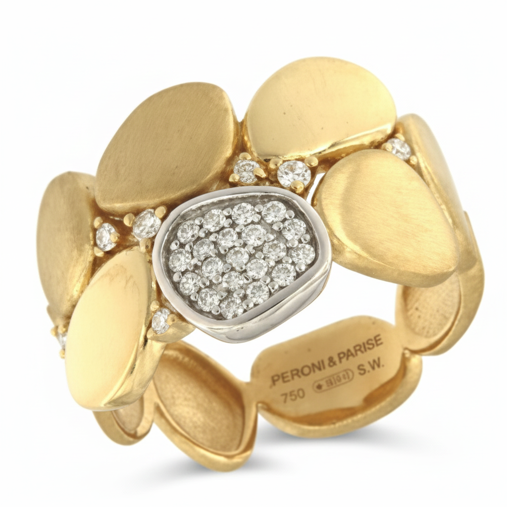 Deze ring is van het merk Peroni and Parise. Het is een damessieraad. 18 karaat GG met 0.21ct