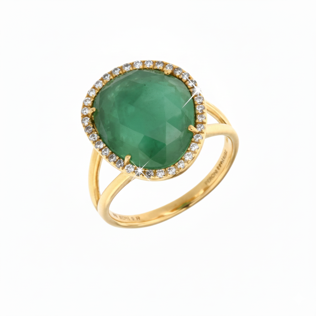 18kt GG ring emerald + 1.02ct diamand