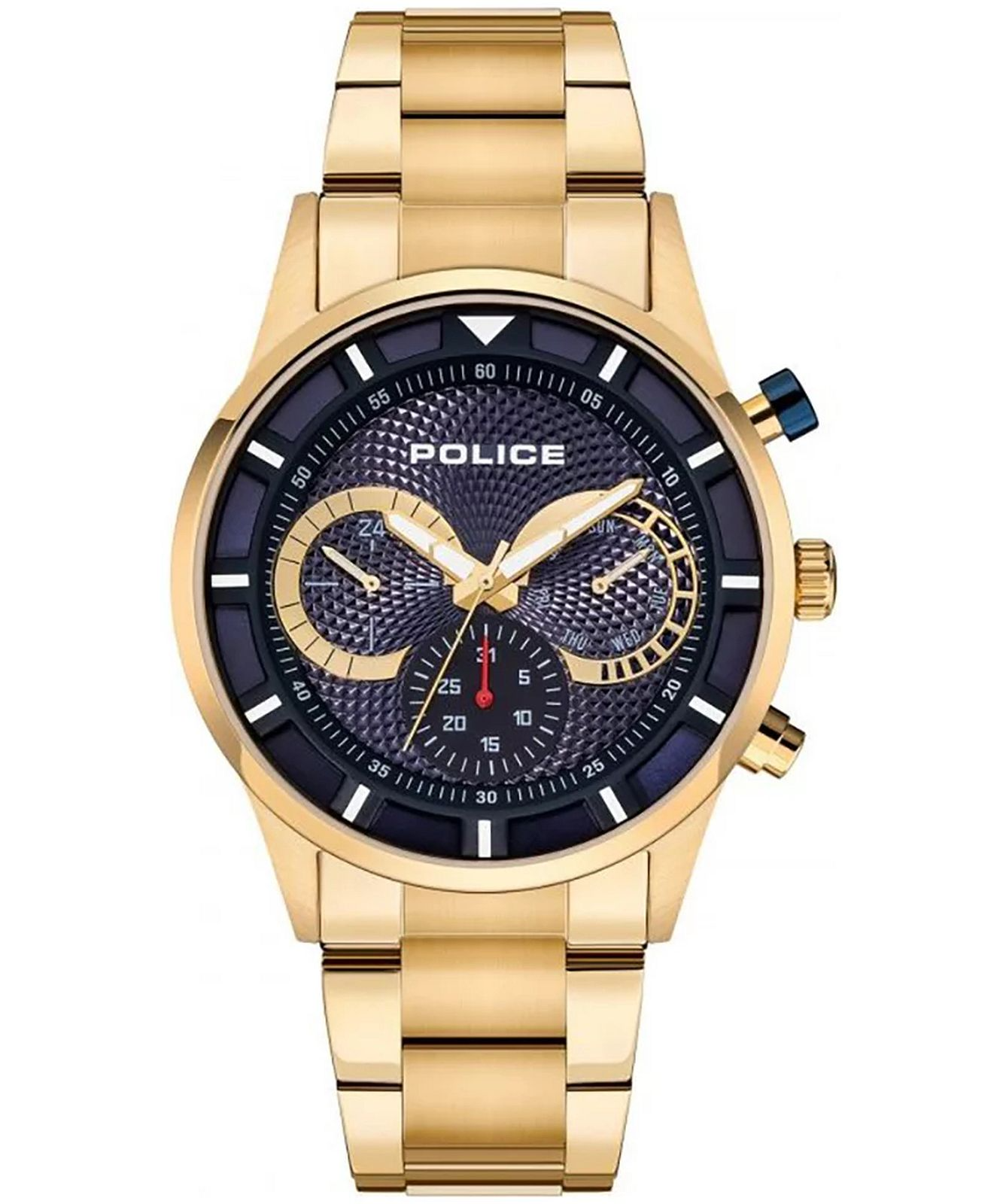 Goud kleurige police met blauwe wijzerplaat