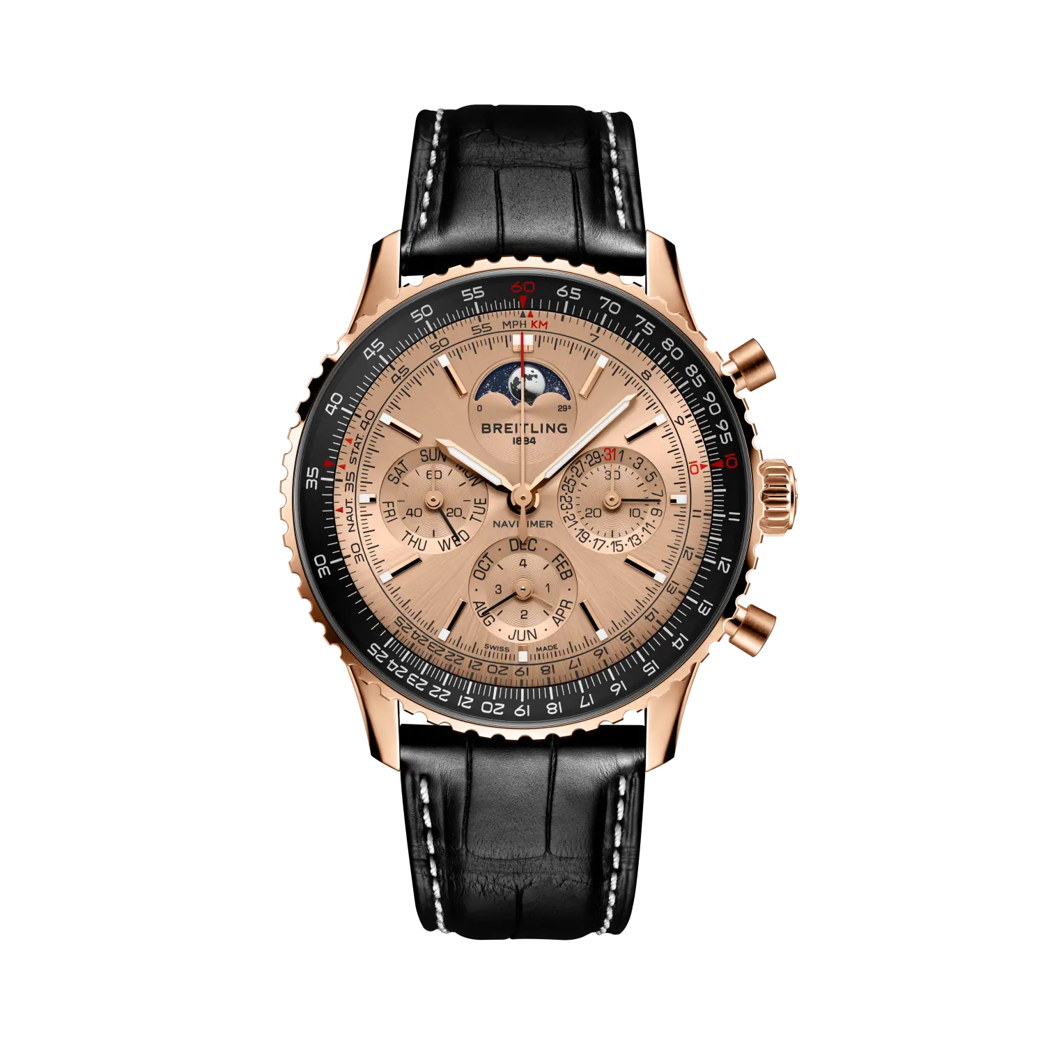 Breitling Navitimer B19 Chronograph 43 Perpetual Calendar 140th Anniversary &ndash; RB19101A1H1P1
Dit exclusieve jubileumhorloge van Breitling combineert elegantie met technische verfijning. Uitgevoerd in 18 k roodgoud met een karakteristieke 43 mm kast, is het uitgerust met het nieuwe manufactuur-uurwerk Breitling B19 met zelfopwindende mechaniek, chronograaf en eeuwigdurende kalender met maanstand &mdash; een complicatie die automatisch rekening houdt met schrikkeljaren. De zwarte alligatorlederen band en het bidirectionele slide-rule tachymeter-frame benadrukken de klassieke Navitimer-stijl, terwijl de beperkte oplage van slechts 140 stuks deze uitvoering extra bijzonder maakt.