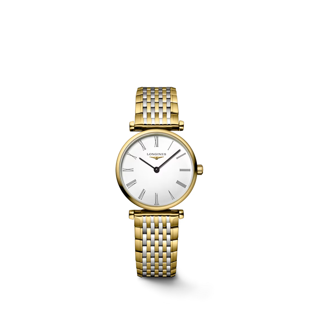 De Longines La Grande Classique L42092117 is een verfijnd horloge met Zwitserse kwartsbeweging. Voorzien van een ronde roestvrijstalen kast en saffierglas, met een gouden wijzerplaat en Romeinse cijfers. Elegant en anti-allergisch, ideaal voor dagelijks gebruik. Het is waterbestendig tot 3 bar en heeft een bicolor roestvrijstalen band. Perfect voor formele en zakelijke gelegenheden.