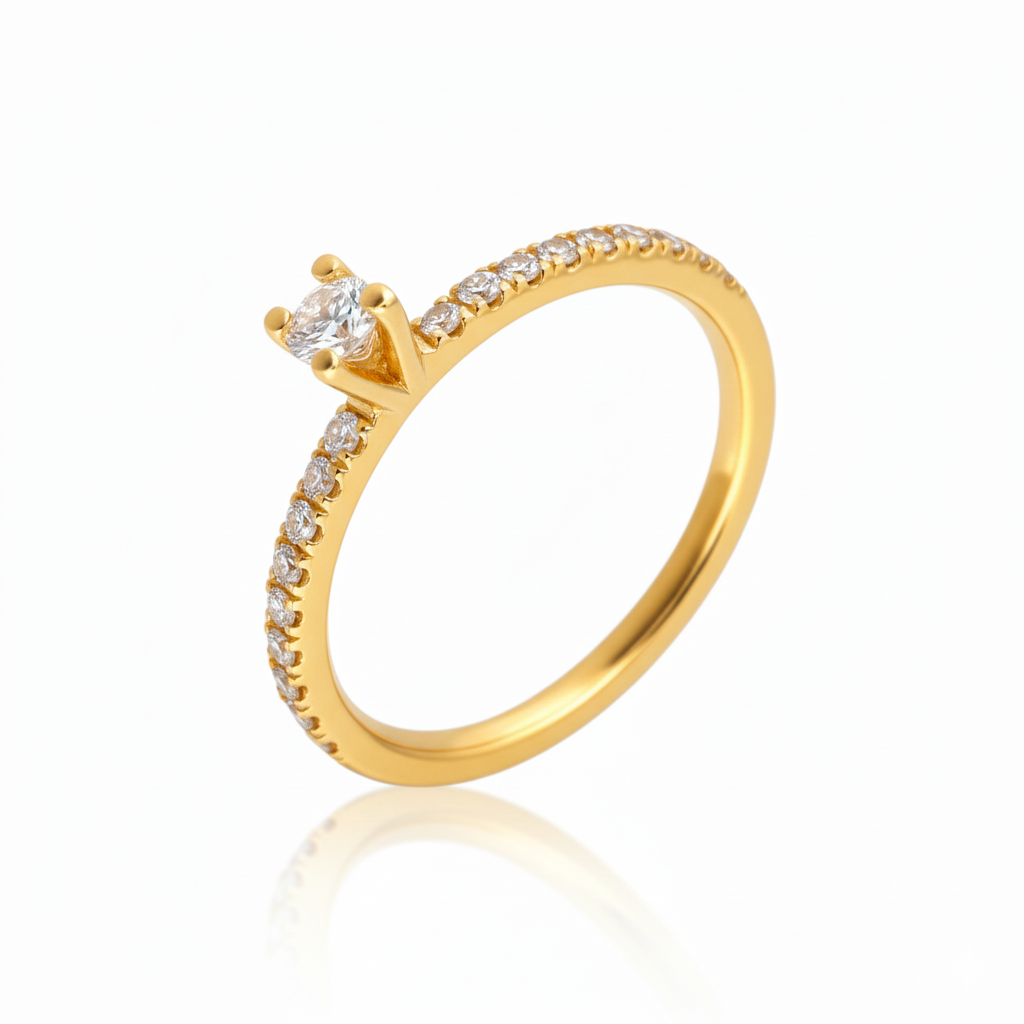 18kt gg verlovingsring met 0.09ct brilj centraal en 0.18ct brilj zijkanten