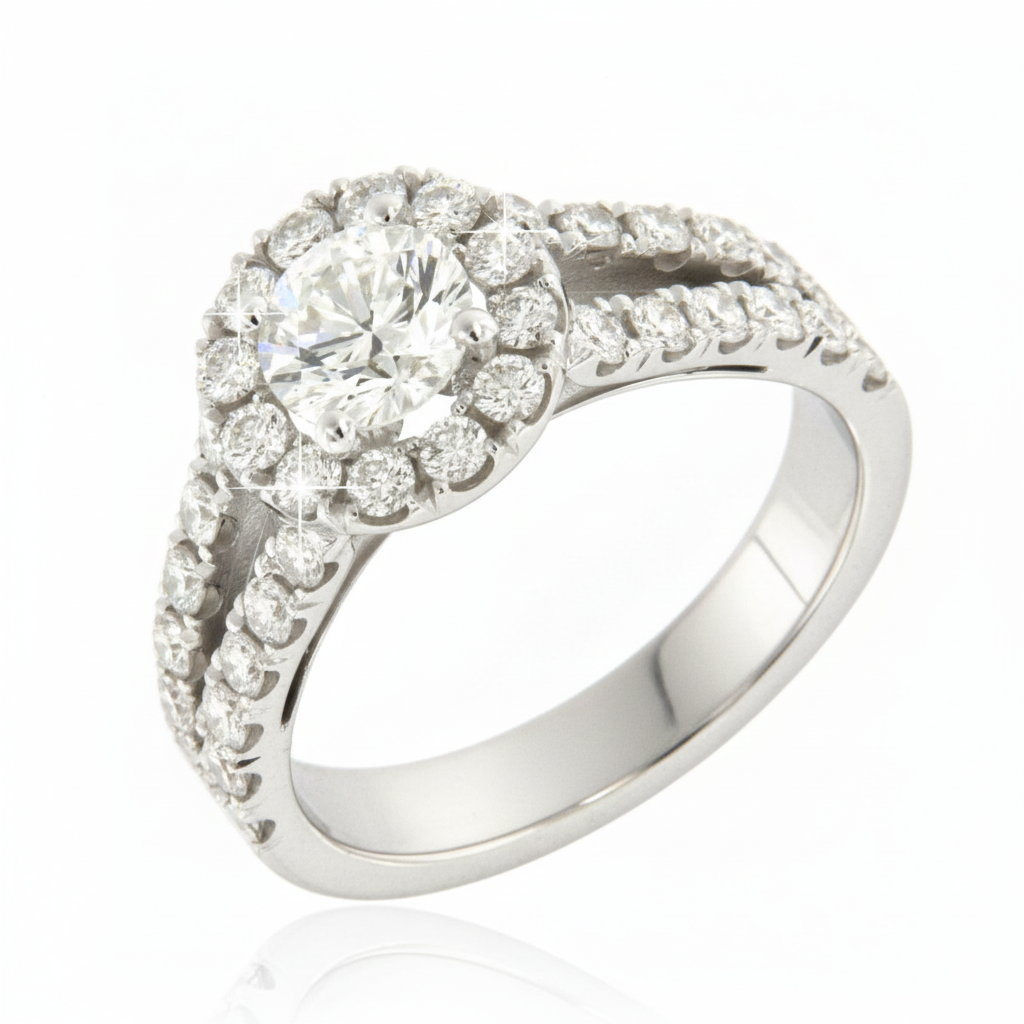 witgouden solitair 18kteigen creatie1ct centrale diamant (briljant) H/Vs1 met certificaat HRD en lasergravurebriljant van 0.03ct in band en rond de centrale steen 1.11ct