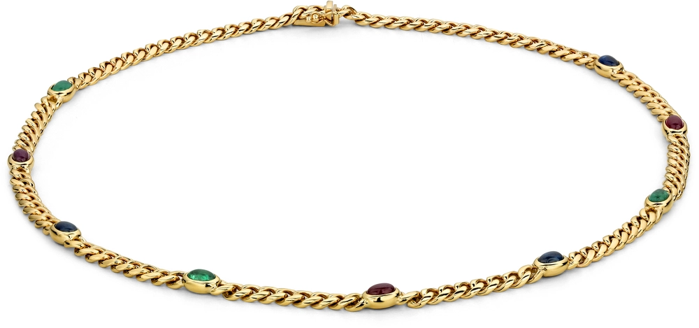 Geelgouden gourmet collier saffier/smaragd/robijn 45cm