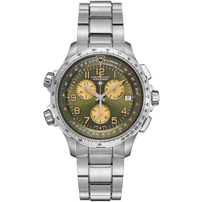 De Hamilton Khaki Aviation X-Wind GMT Chrono Quartz 46mm, modelnummer H77932160, is een horloge met geavanceerde functies, waaronder een GMT-chronograaf voor wereldreizigers. Met een robuuste kast van 46mm straalt het zowel elegantie als functionaliteit uit. Draag dit horloge bij zowel formele als casual outfits voor een stijlvolle en moderne uitstraling. Perfect voor avonden en avonturen.