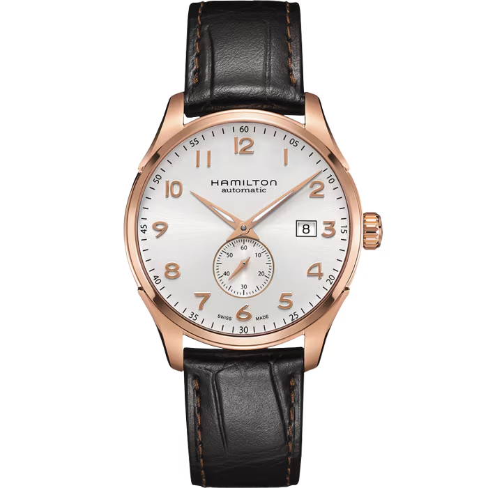 De Hamilton Jazzmaster Maestro Small Second Auto 40mm, modelnummer H42575513, biedt een stijlvolle mix van functionaliteit en luxe. Met een zwart lederen band, roestvrijstalen kast in ros&eacute;goud, en Zwitserse automatische beweging, straalt het elegantie uit. Draag deze horloge voor zowel zakelijke als informele gelegenheden voor een verfijnde uitstraling. Waterbestendig tot 50 meter met saffierglas.
