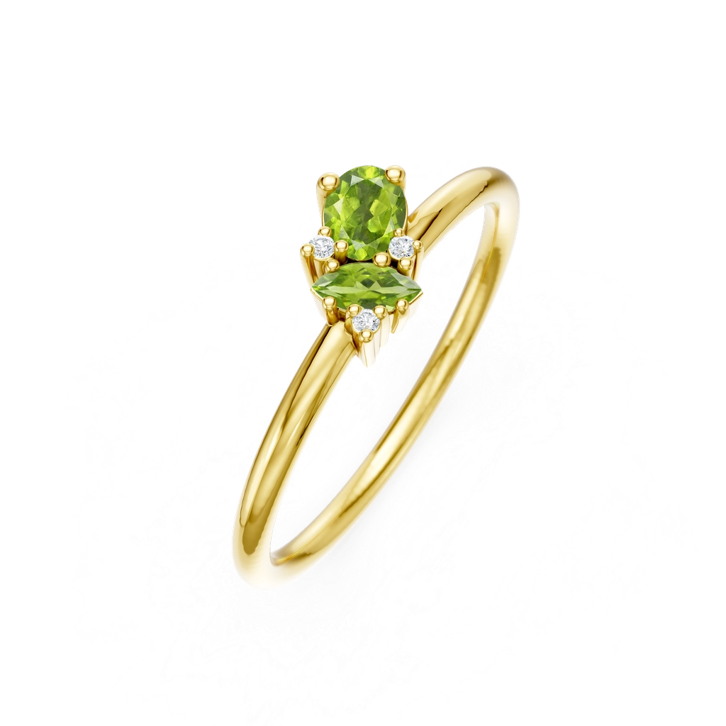 Deze elegante en frisse ring heeft een delicate cluster van 2 ovale groene peridoot edelstenen, geaccentueerd met verspreide witte diamanten, gezet op een gepolijste fijne ringband. Ge&iuml;nspireerd door de opvallende verschijning van de pauw, zorgt deze ring voor een vleugje levendig groen dat onmogelijk te negeren is. De ring is vervaardigd uit 925 sterling zilver en is een statement piece dat bewijst dat subtiel toch de show kan stelen.