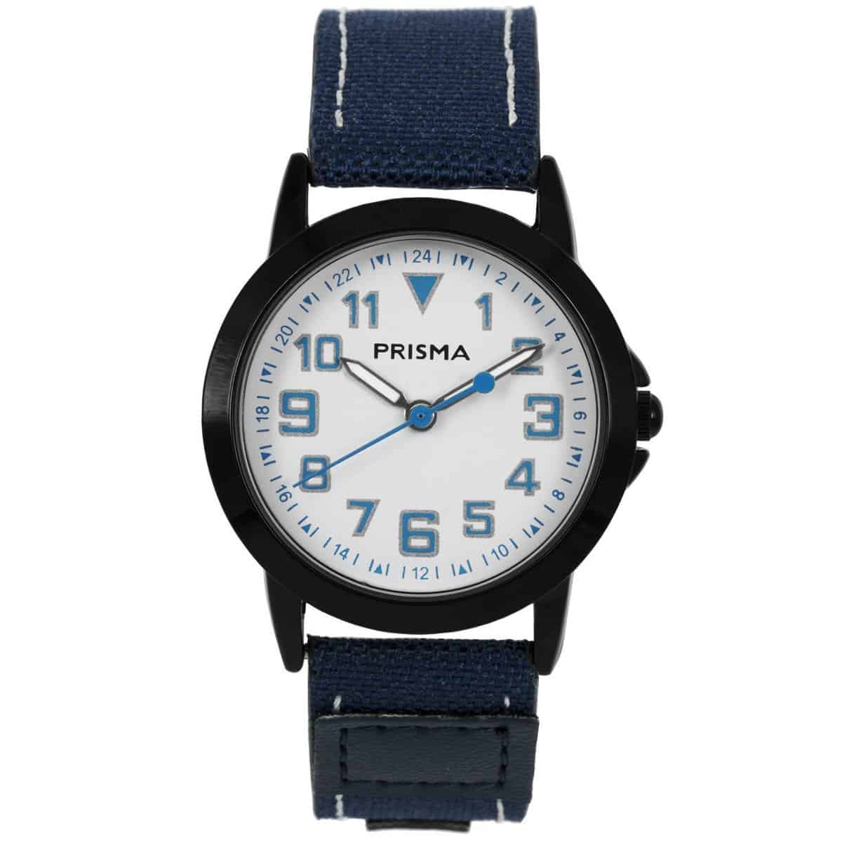 Prisma horloge 244 jongens Jort 

Algemeen
Geslacht: jongens
Model: CW244

Voordelen
- band canvas blauw (wit kleurig stiksel)
- wijzerplaat wit met blauwe cijfers (arabisch)
- wijzers lichten op in donker
- datum
- duidelijke tijdsweergave
- spat waterdicht: handenwassen, regen
- quartz
- maat kast 30mm (breedte) 9,1mm (dikte)

