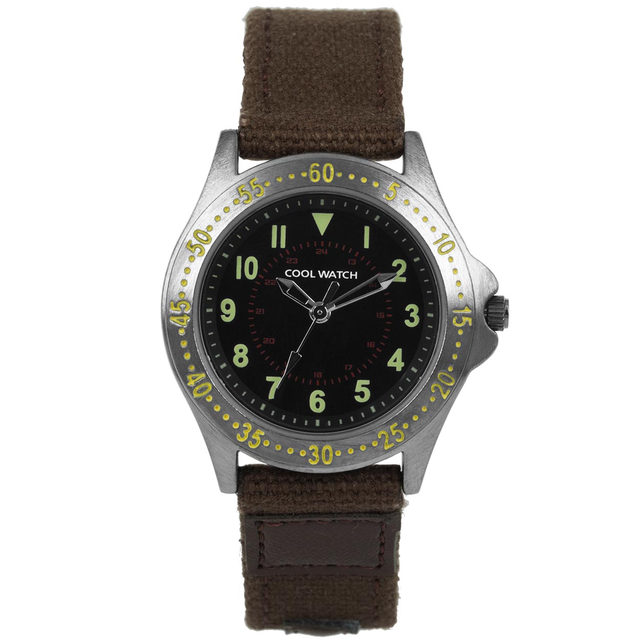 Coolwatch 257 jongens horloge 		
		
Algemeen		
Geslacht: jongens		
Model: CW257		
		
Voordelen		
- band canvas bruin		
- wijzerplaat zwart met groene cijfers (arabisch)		
- spat waterdicht: handenwassen, regen		
- quartz		
- maat kast 31,5mm (breedte) 8mm (dikte)		
sintpakket		
		
		

