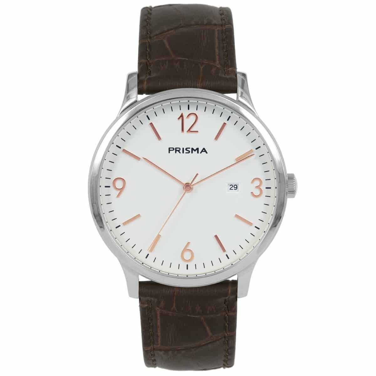 Prisma heren P1632 horloge edelstaal 		
		
Algemeen		
Geslacht: heren		
Model: P.1632		
		
Voordelen		
- band echt leer bruin		
- wijzerplaat zilver met roségoudkleurig streepjes	
- designed in the Netherlands		
- datum		
- spat waterdicht: handenwassen, regen		
- duurzame coating		
- quartz		
- maat kast 40,3mm (breedte) 7,7mm (dikte)		
		
		
			
