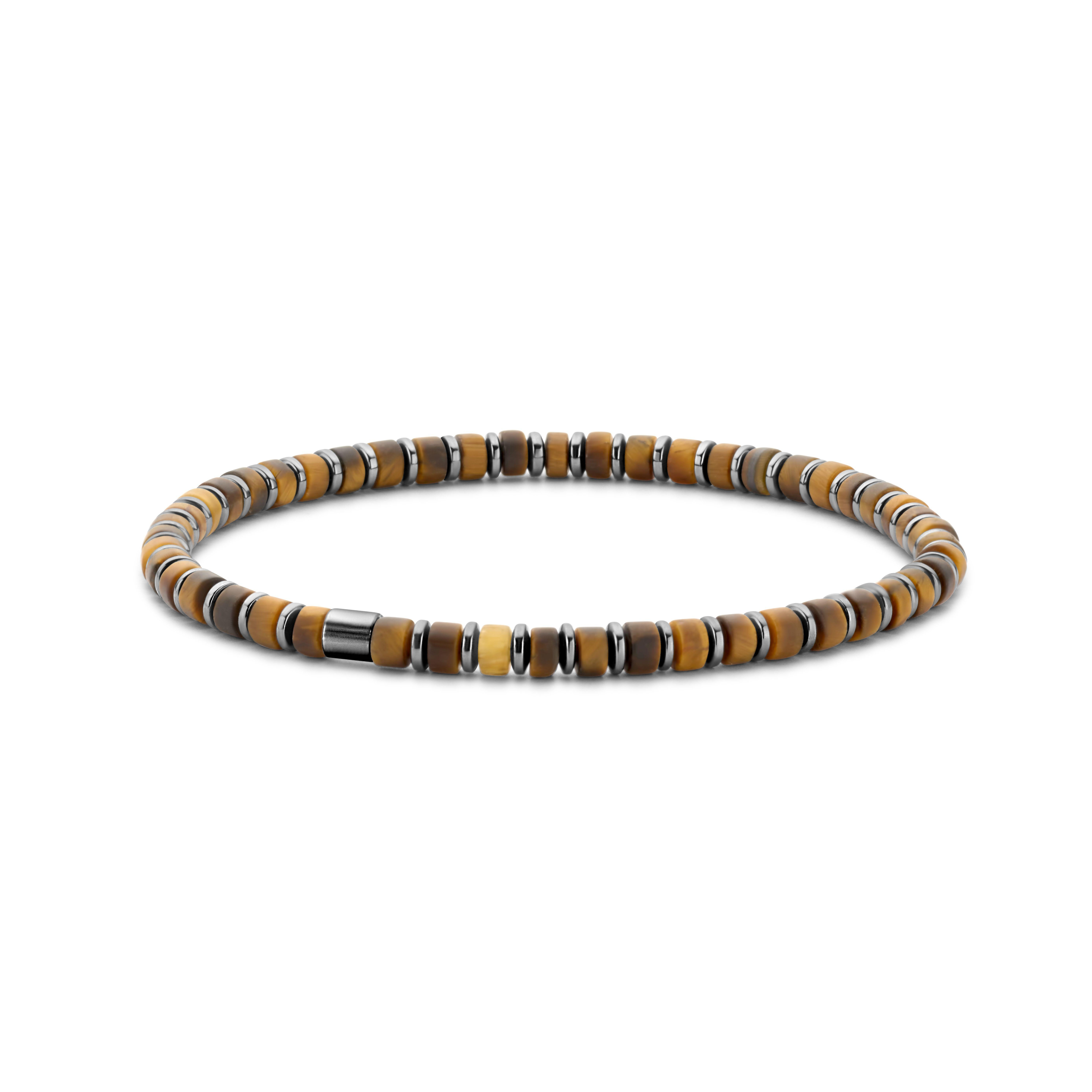 Frank 1967 7FB-0596 Kralen Armband - Heren - Beads - 4 x 2 mm - Tijgeroog - Staal - Rekbaar - 19 cm - Bruin