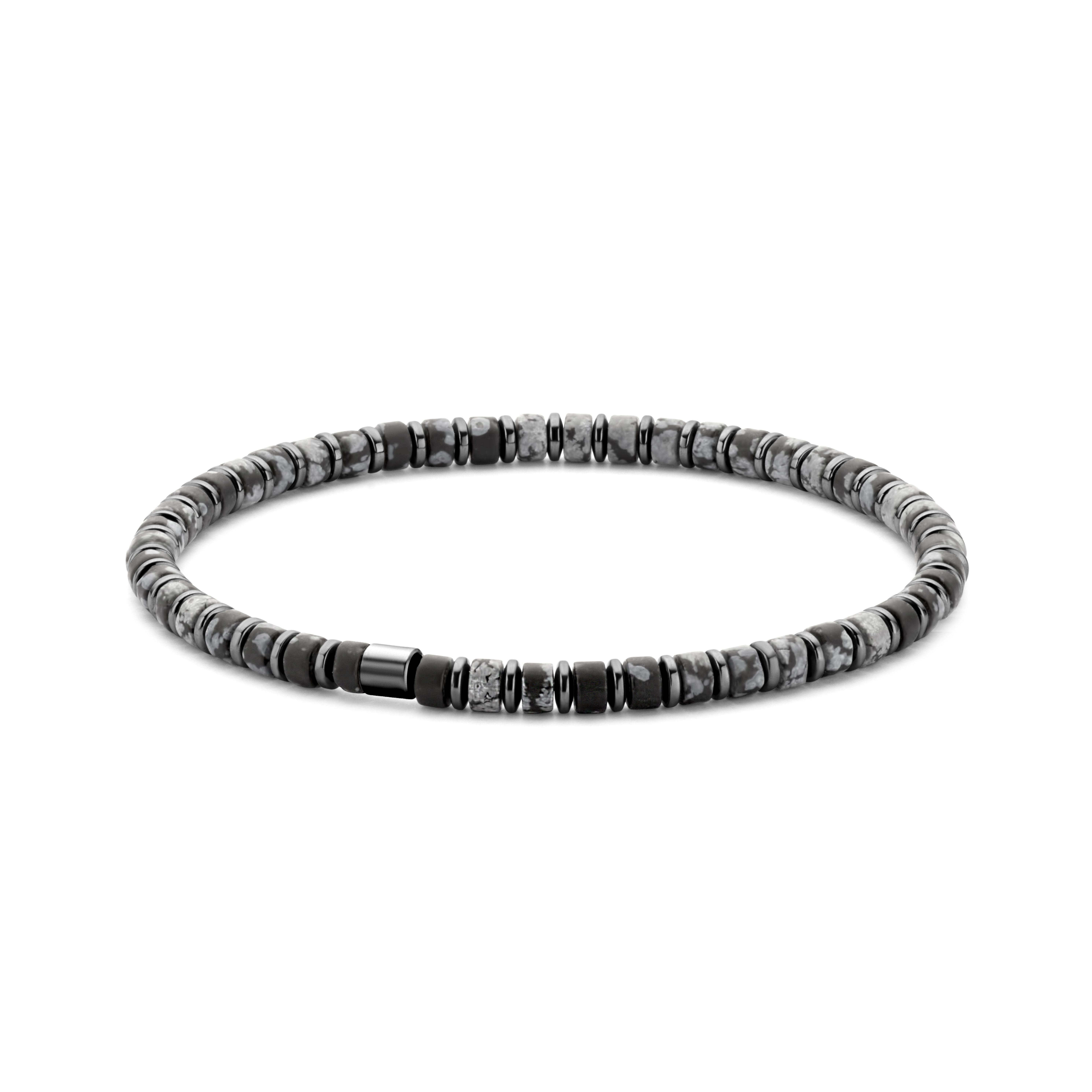 Frank 1967 7FB-0600 Kralen Armband - Heren - Beads - 4 x 2 mm - Snow Flake Obsidian (Vulkaanglas) - Staal - Rekbaar - 19 cm - Antraciet