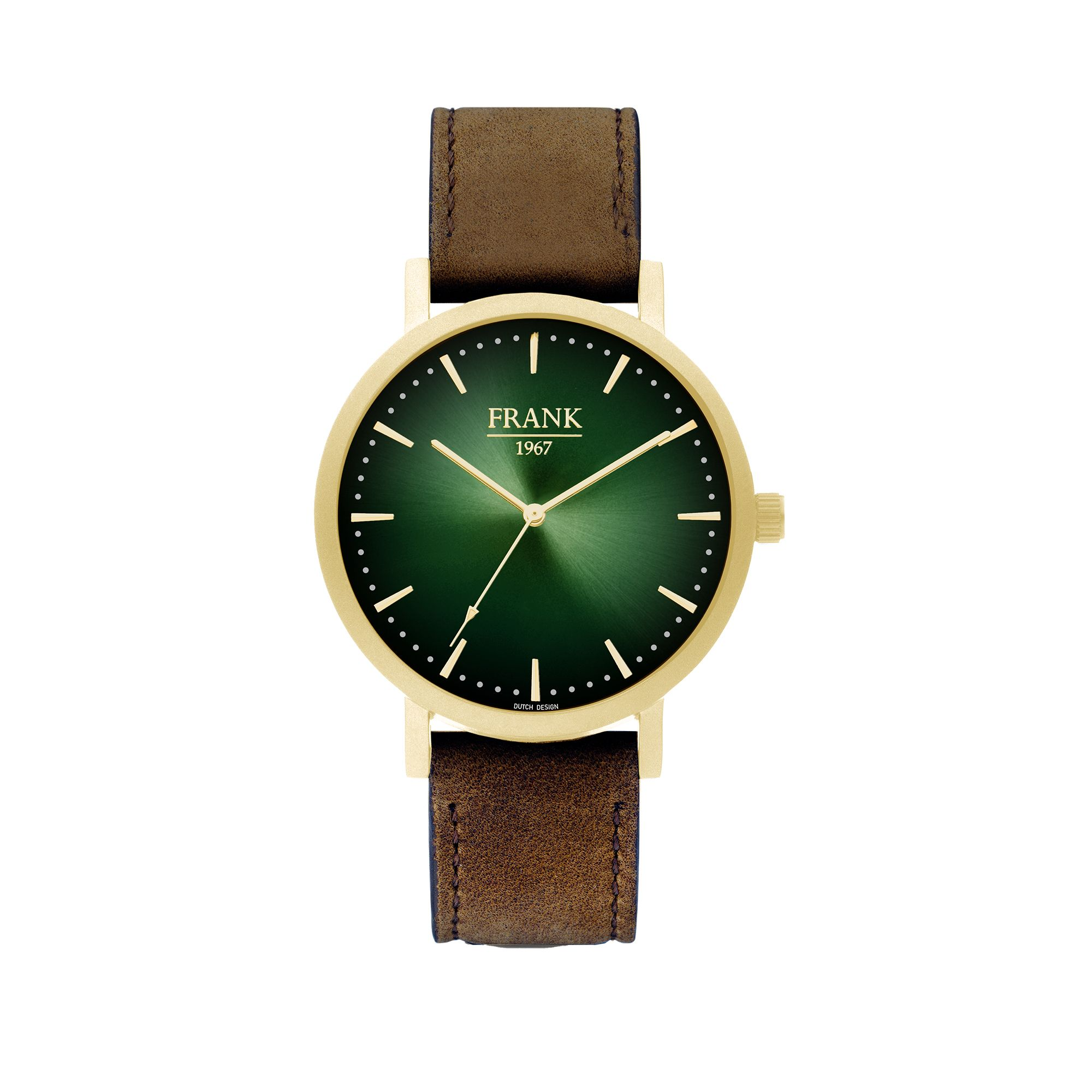 Frank 1967 7FW 0026 Metalen Horloge met Bruine Leren Band -Doorsnee 42 mm - Groen/ Goudkleurig