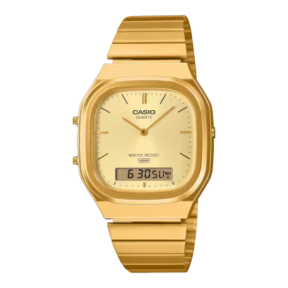 Geef je retrostijl een moderne twist of je hedendaagse mode een vintage touch. Hoe je het ook doet, de verfijnde en vloeiende AQ-240E raakt de juiste snaar.  

De analoog-digitale AQ-240 met dubbel display gaat retro-modern. Met een licht rechthoekige wijzerplaat gecompenseerd door een zacht afgeronde kast en zachte metalen rondingen straalt dit horloge verfijning uit.  

De zonnestralen afwerking van de wijzerplaat vangt het licht met een glanzende gloed. Metallic indexen die een vintage gevoel combineren met een moderne esthetiek voegen nog een opvallende touch toe. 

Het digitale LCD-scherm op 6 uur biedt uitstekende afleesbaarheid met behoud van een harmonieus totaalontwerp, waardoor een horloge ontstaat dat zowel functioneel als mooi is.