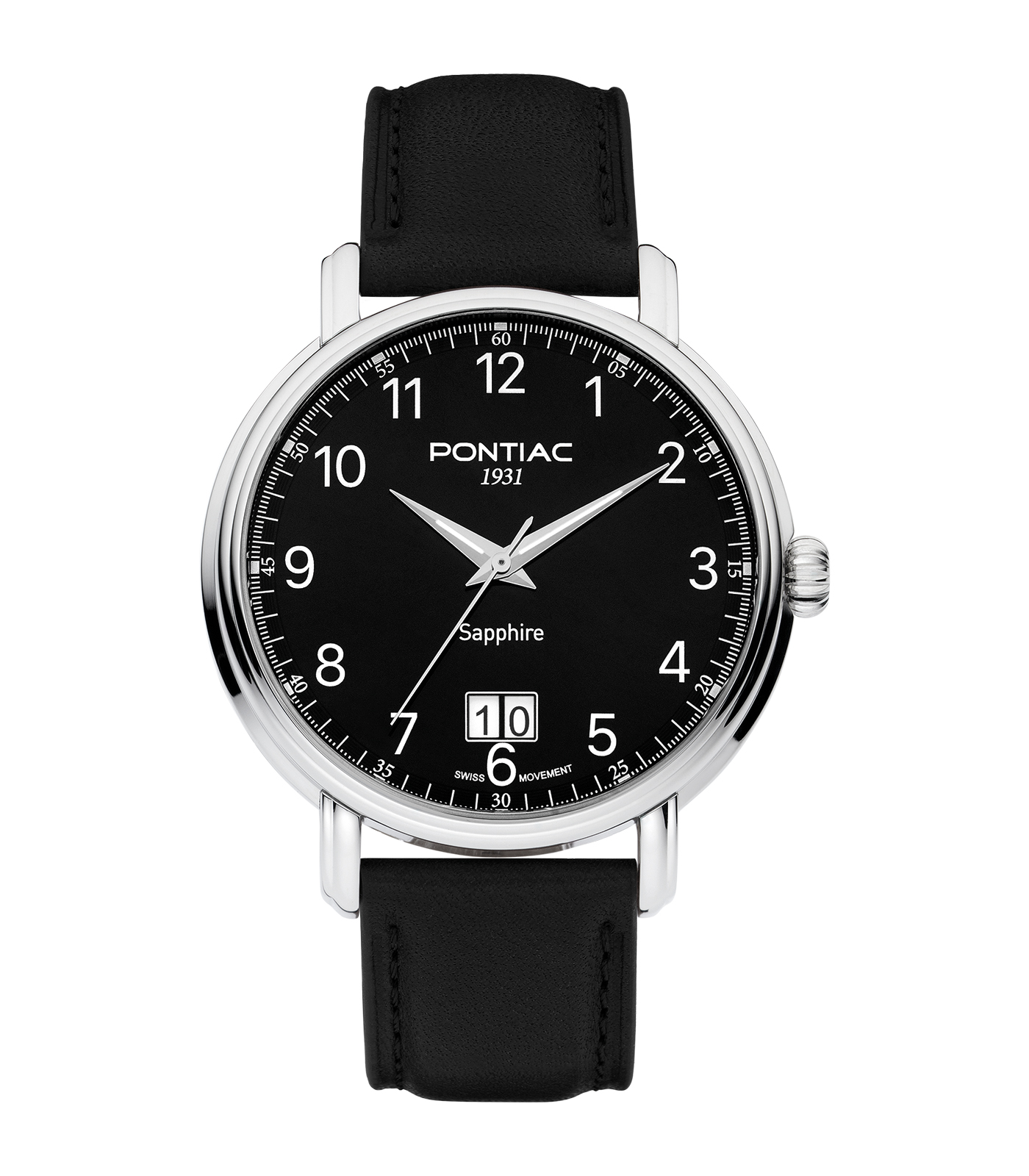 De Pontiac Heren Horloge P20129 is een stijlvol polshorloge met een roestvrijstalen kast van 41 mm en een zwarte wijzerplaat met Arabische cijfers. Het horloge heeft een zwart lederen band en een saffierglas. Het is waterbestendig tot 5 ATM. Zwitsers quartz uurwerk. Perfect voor dagelijks gebruik of zakelijke gelegenheden.