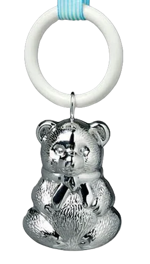 een verzilverde rammelaar in vorm van beer