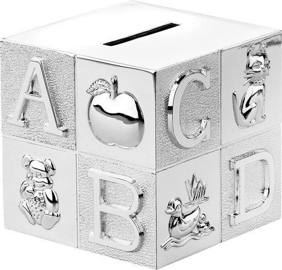 een verzilverde spaarpot in vorm van een Kubus.