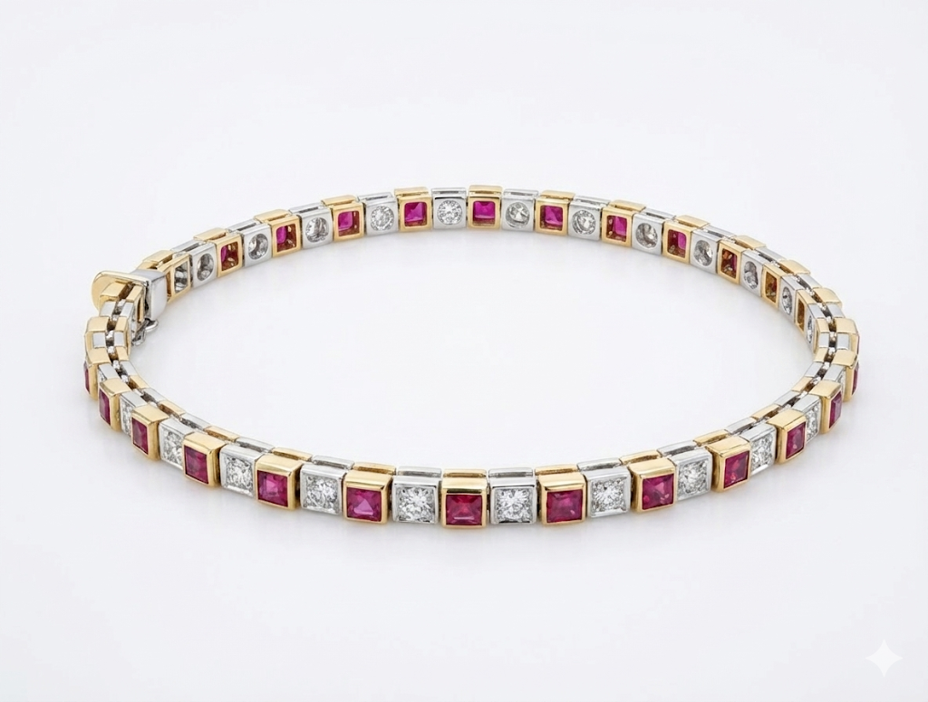 18 Karaats Gouden Bicolor Tennis Armband 28 x 0.01 ct. SI/H met Robijn Carr&eacute; Geslepen 18cm