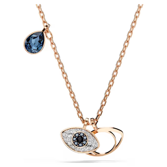 Deze Evil Eye-hanger voegt een mystieke toets toe aan elke look. Het sieraad heeft een oogmotief in blauwe, zwarte en heldere kristallen pav&eacute; en een van metaal met ros&eacute;goudkleurige toplaag. De hanger wordt geleverd aan een ketting met ros&eacute;goudkleurige toplaag die is versierd met donkerblauwe kristallen.
