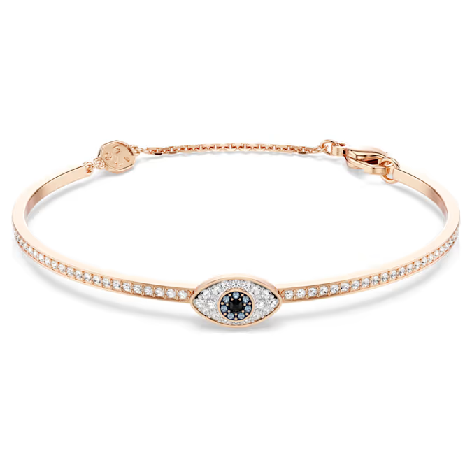 Draag positiviteit met deze Symbolica-armband. Het sieraad met ros&eacute;goudkleurige toplaag heeft een pav&eacute; band met een bolvormig boos oog in het midden, gedecoreerd met heldere, blauwe en zwarte pav&eacute;. De stevige band is voorzien van een verstelbare ketting voor een comfortabele en persoonlijke pasvorm. Draag dit sieraad om elke dag goede energie te verwelkomen.