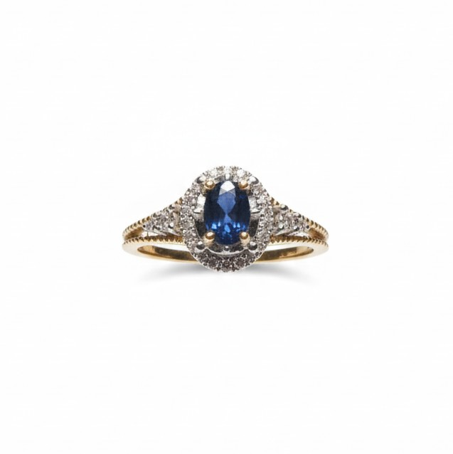 14 Karaats Bicolor Gouden Ring met natuurlijke diamant en saffier.